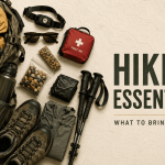 Hiking essentials arranged with a backpack, map, compass, water bottle, first-aid kit, hiking boots, headlamp, and trekking poles