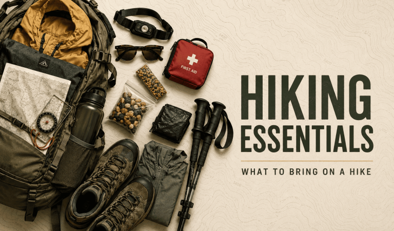 Hiking essentials arranged with a backpack, map, compass, water bottle, first-aid kit, hiking boots, headlamp, and trekking poles
