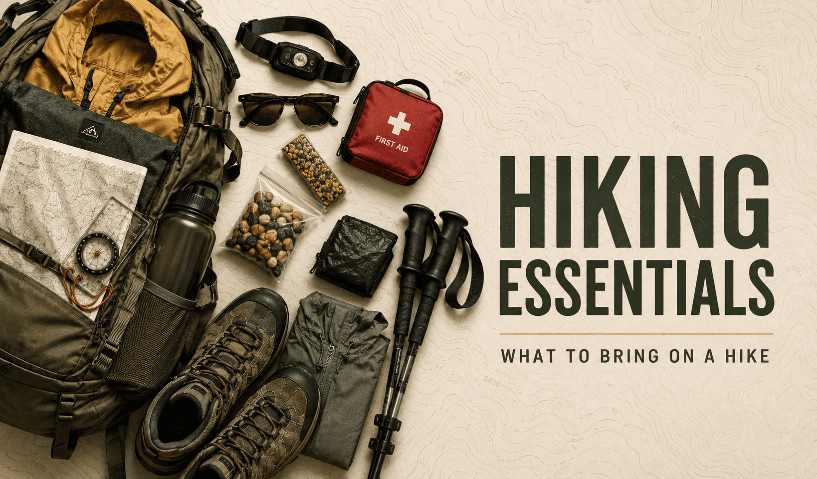 Hiking essentials arranged with a backpack, map, compass, water bottle, first-aid kit, hiking boots, headlamp, and trekking poles