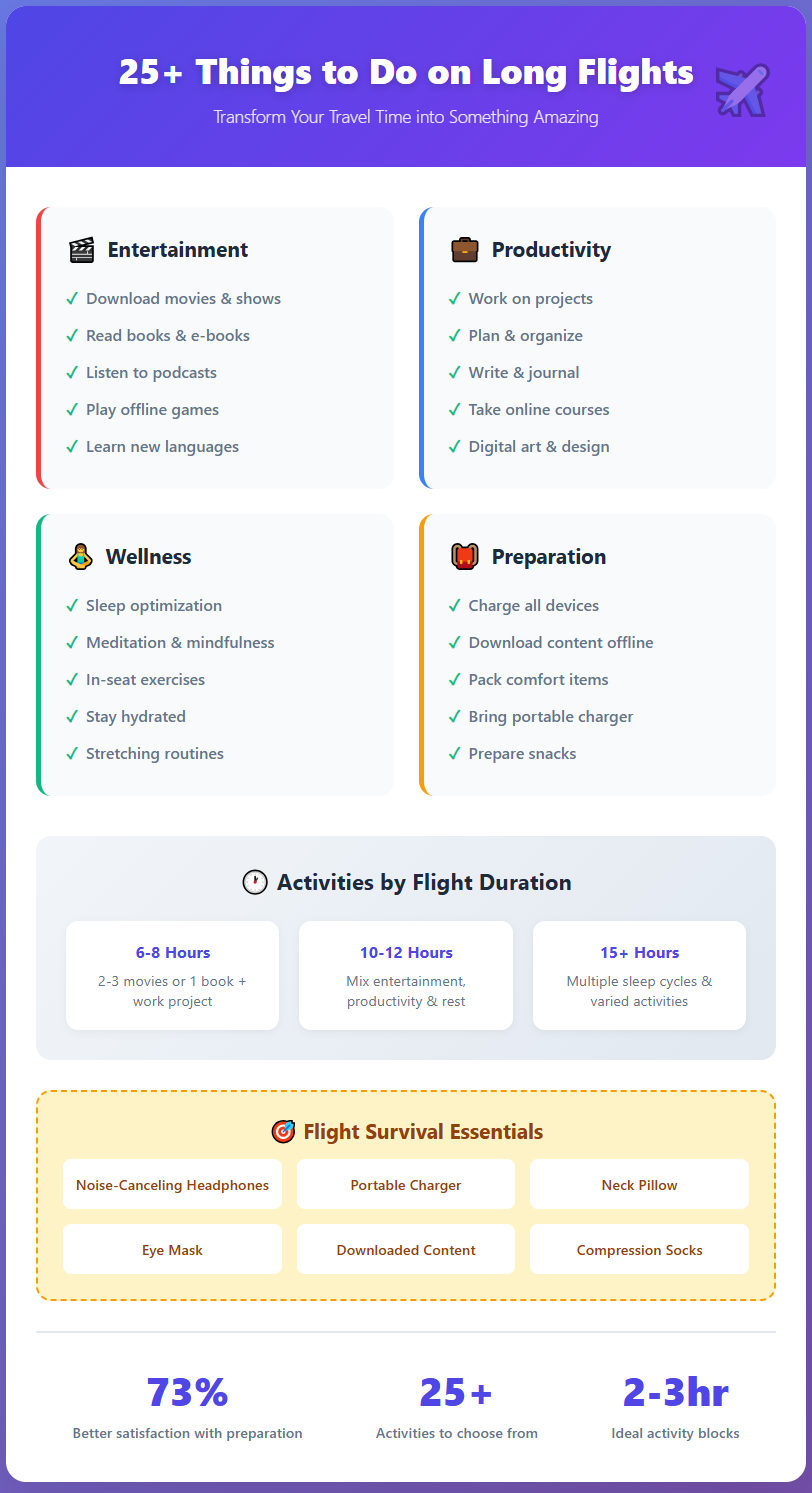 What to do on long flights infographic guide showing entertainment options, productive activities, wellness tips, and preparation essentials 